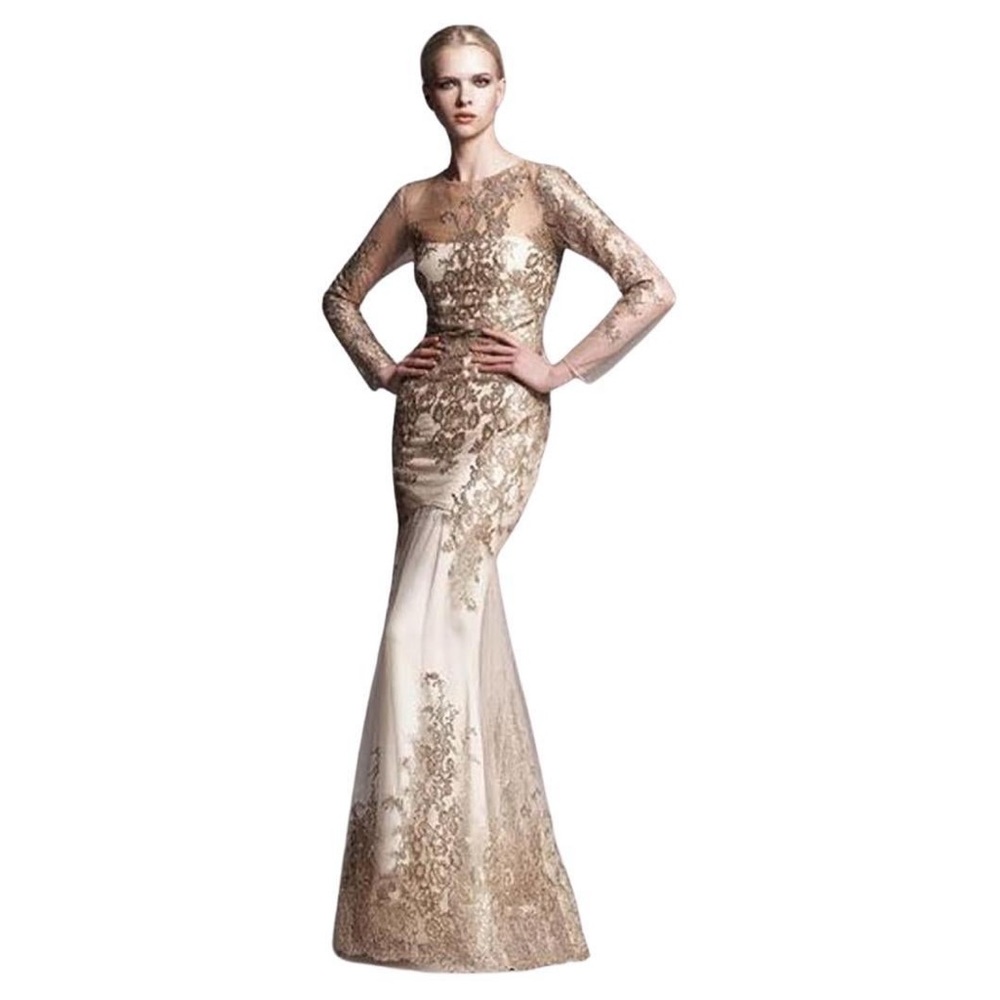 Marchesa Notte Gold Lace Dress PRICE FIRM